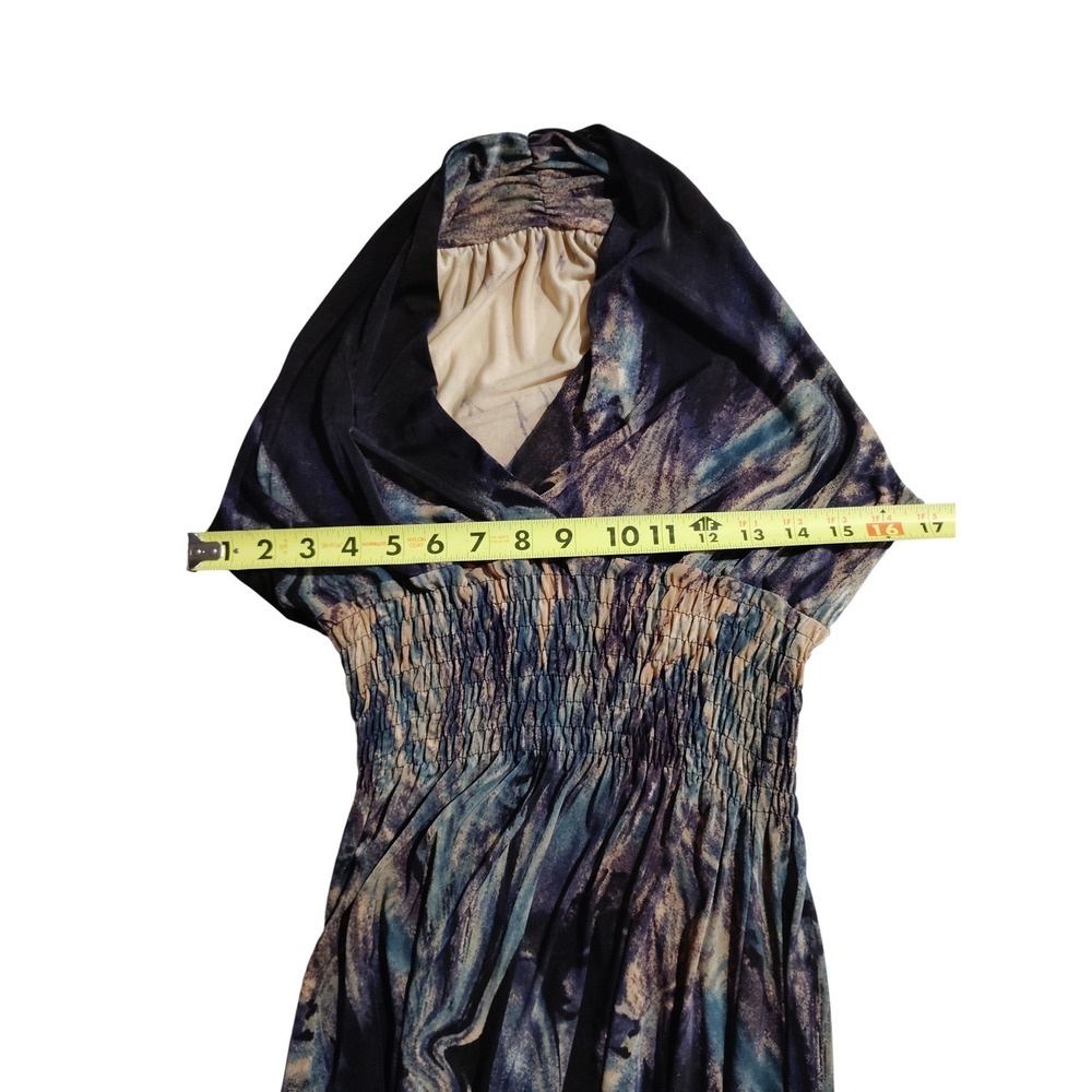 Womens Abstract Print Smocked Waist Mini Dress Black Blue Tan XXS‎ - Picture 3 of 11